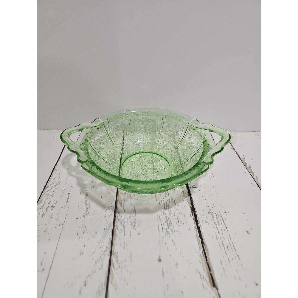 VTG Jeanette Cherry Blossom Green Depression Glass Serving Bowl with handles